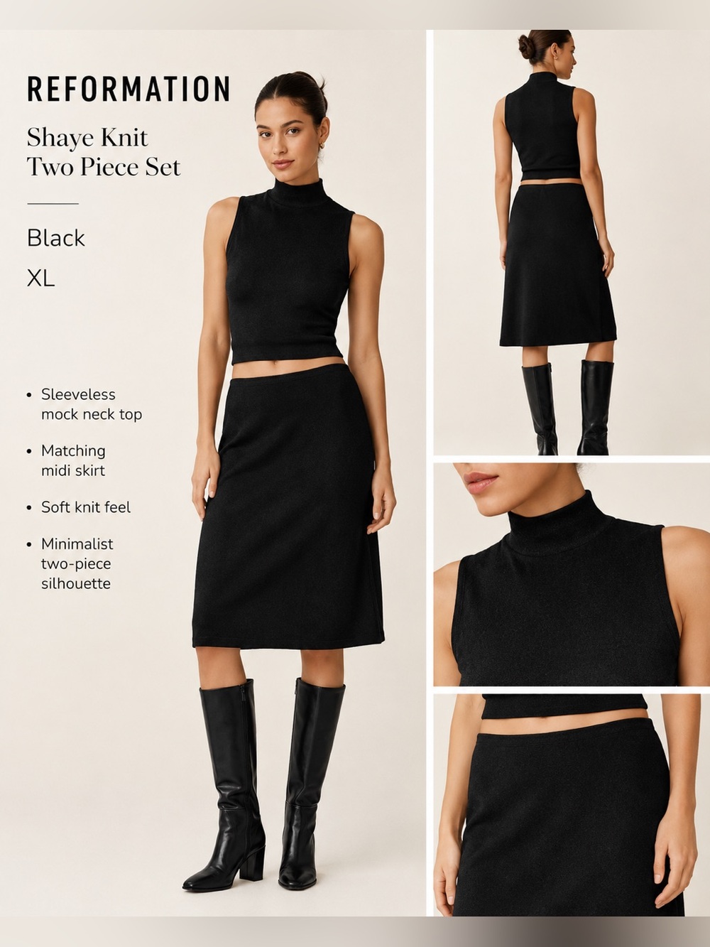 Reformation Shaye Knit Two Piece Set Black Mock Neck Top Midi Skirt XL DXL1